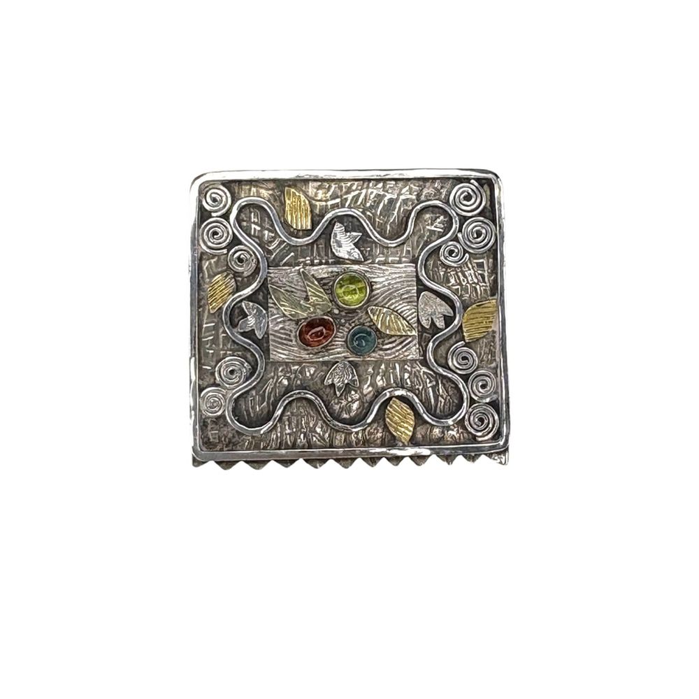 VTG 90s Handcrafted Sterling Silver & Gold Vermeil Brooch with 3 Cabochon Stones